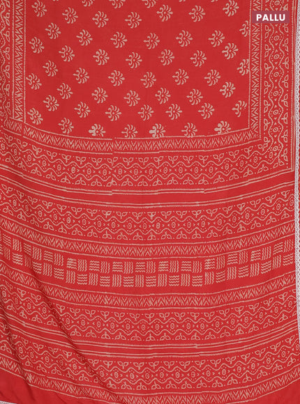 Semi pashmina silk saree red and cream with allover butta prints and crocia lace work border