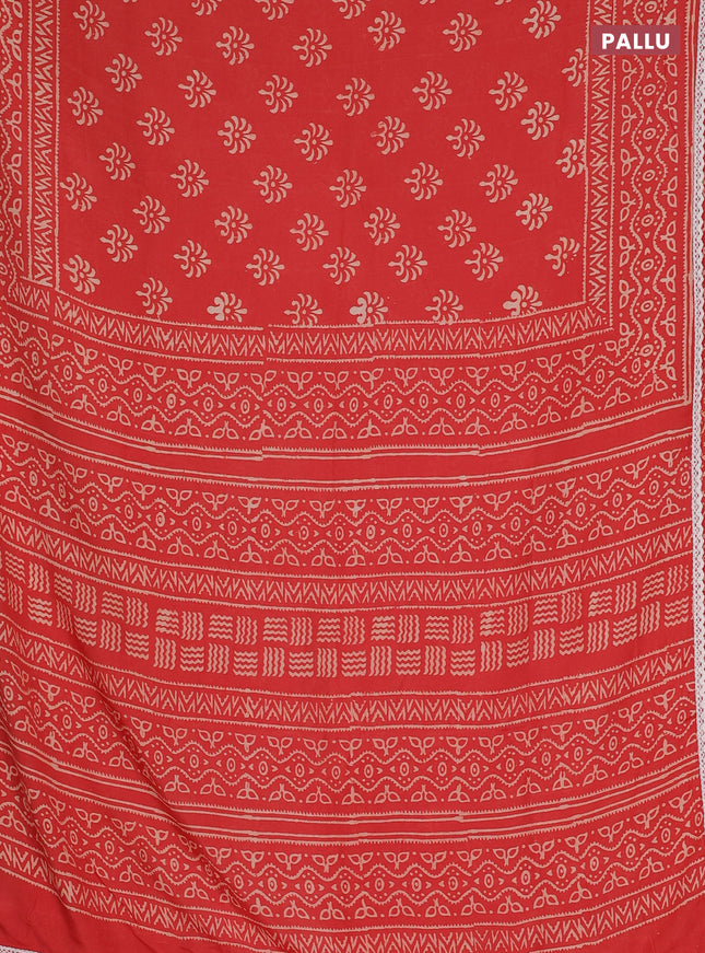 Semi pashmina silk saree red and cream with allover butta prints and crocia lace work border