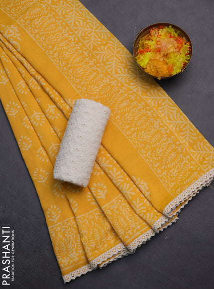 Semi pashmina silk saree yellow and cream with allover butta prints and crocia lace work border