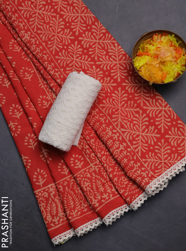 Semi pashmina silk saree red and cream with allover butta prints and crocia lace work border