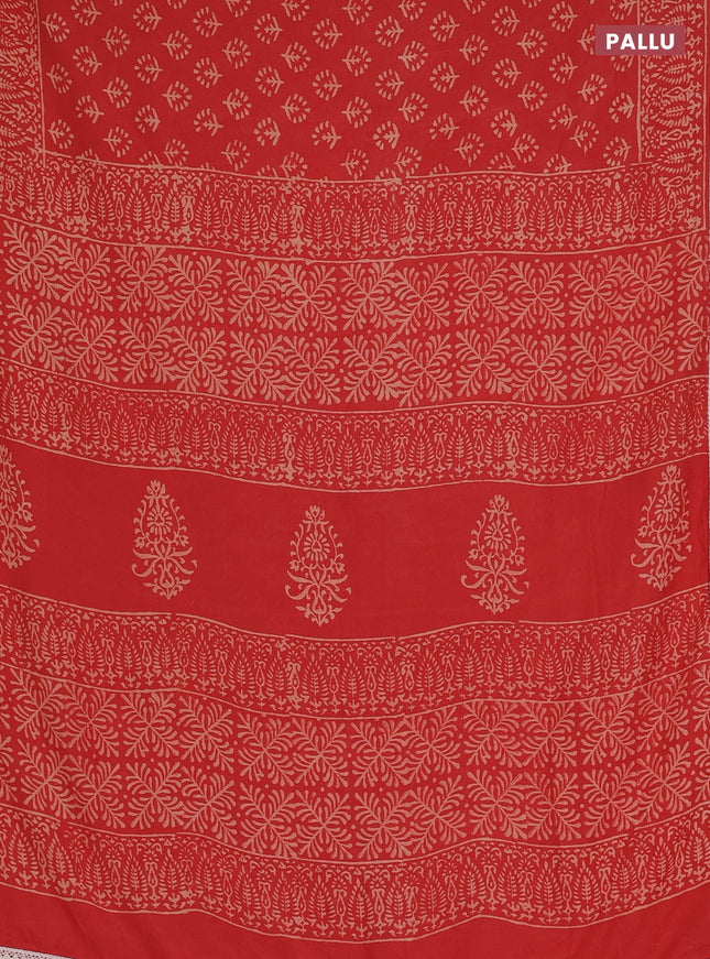 Semi pashmina silk saree red and cream with allover butta prints and crocia lace work border