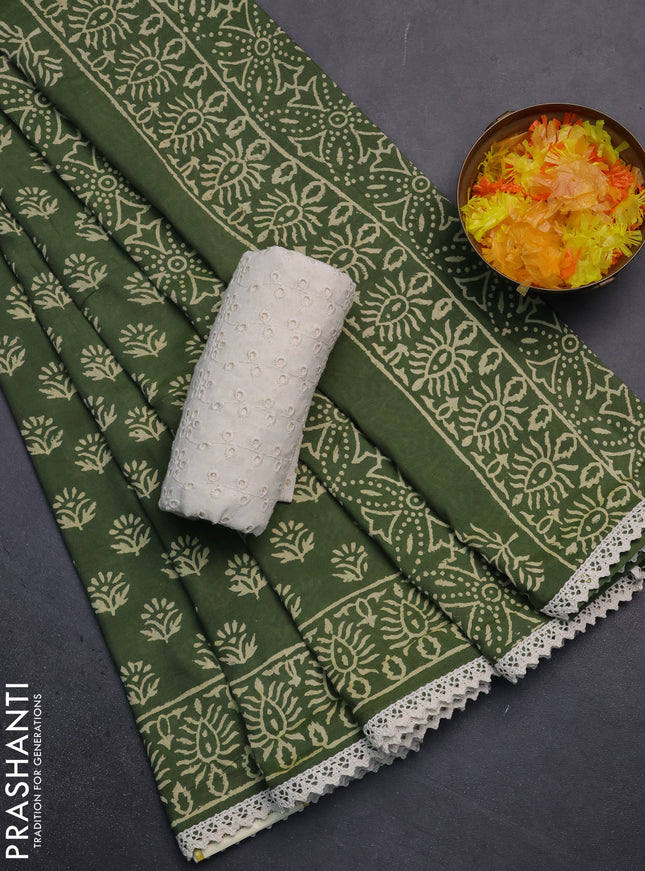 Semi pashmina silk saree sap green and cream with allover butta prints and crocia lace work border