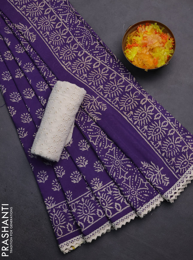 Semi pashmina silk saree violet and cream with allover butta prints and crocia lace work border