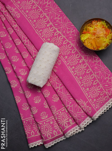 Semi pashmina silk saree pink and cream with allover butta prints and crocia lace work border