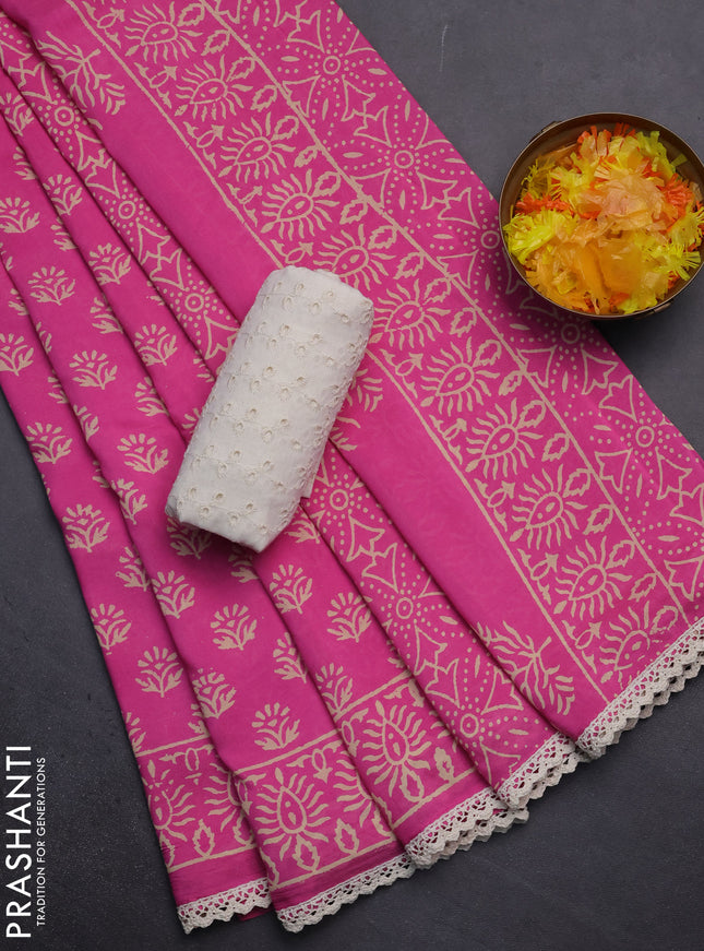 Semi pashmina silk saree pink and cream with allover butta prints and crocia lace work border
