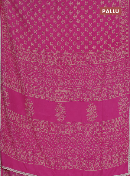 Semi pashmina silk saree pink and cream with allover butta prints and crocia lace work border