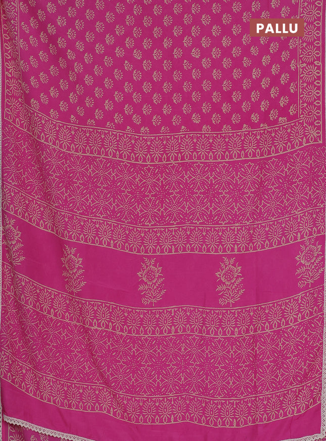Semi pashmina silk saree pink and cream with allover butta prints and crocia lace work border