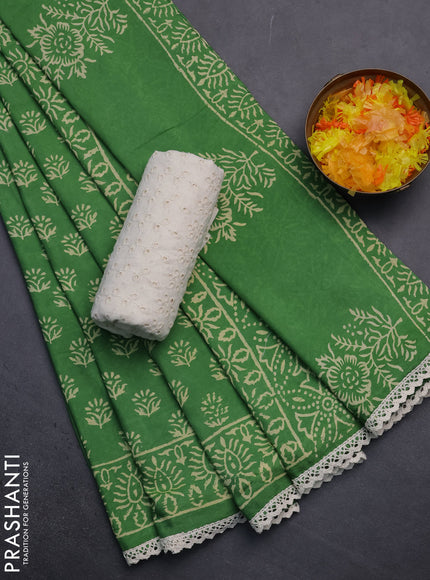 Semi pashmina silk saree green and cream with allover butta prints and crocia lace work border