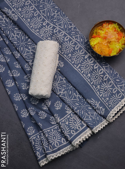 Semi pashmina silk saree grey and cream with allover butta prints and crocia lace work border