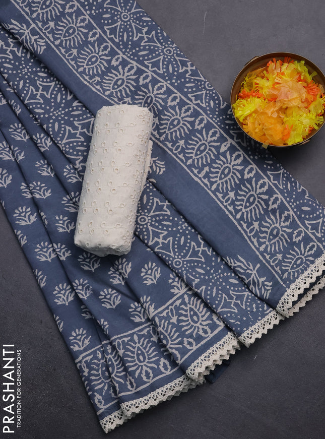 Semi pashmina silk saree grey and cream with allover butta prints and crocia lace work border