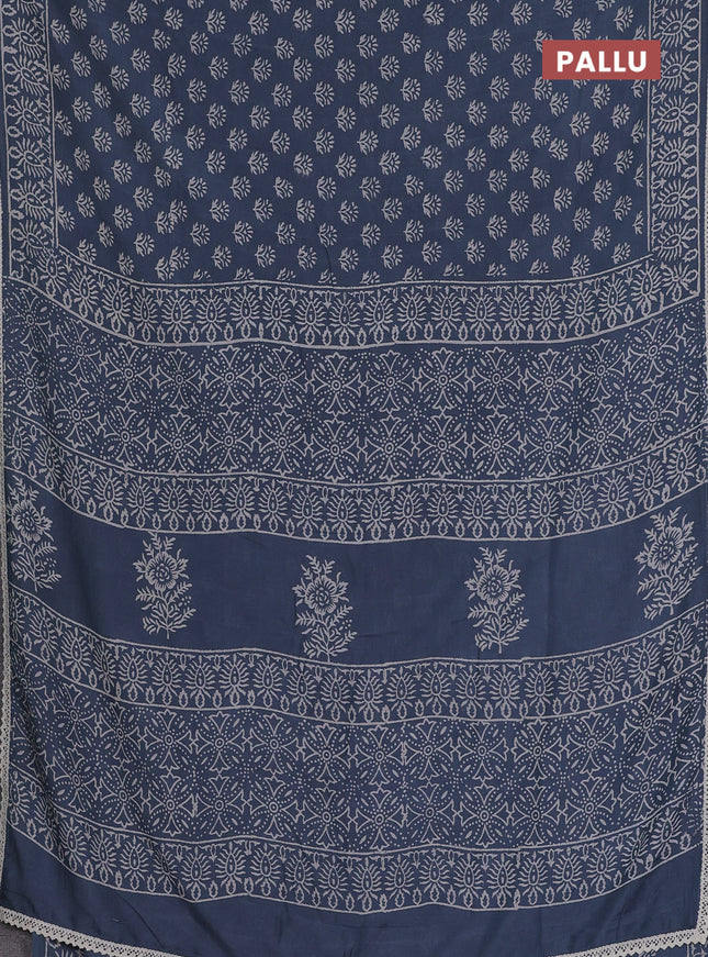 Semi pashmina silk saree grey and cream with allover butta prints and crocia lace work border