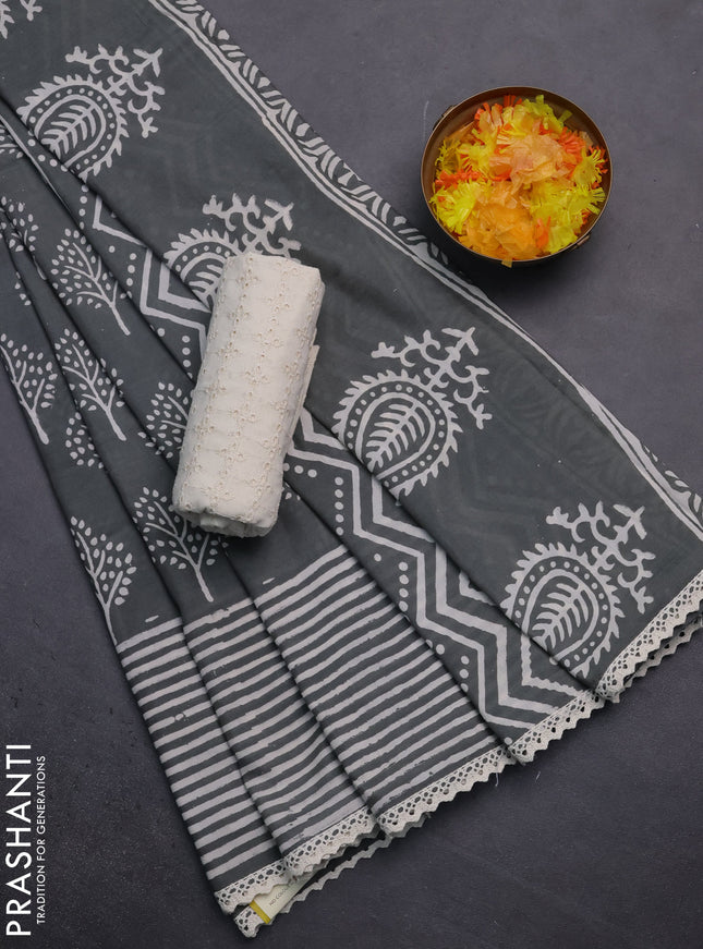 Semi pashmina silk saree grey and cream with allover butta prints and crocia lace work border