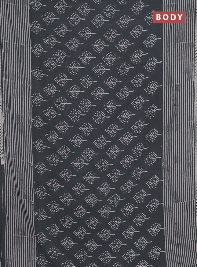 Semi pashmina silk saree grey and cream with allover butta prints and crocia lace work border