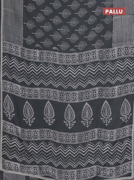 Semi pashmina silk saree grey and cream with allover butta prints and crocia lace work border