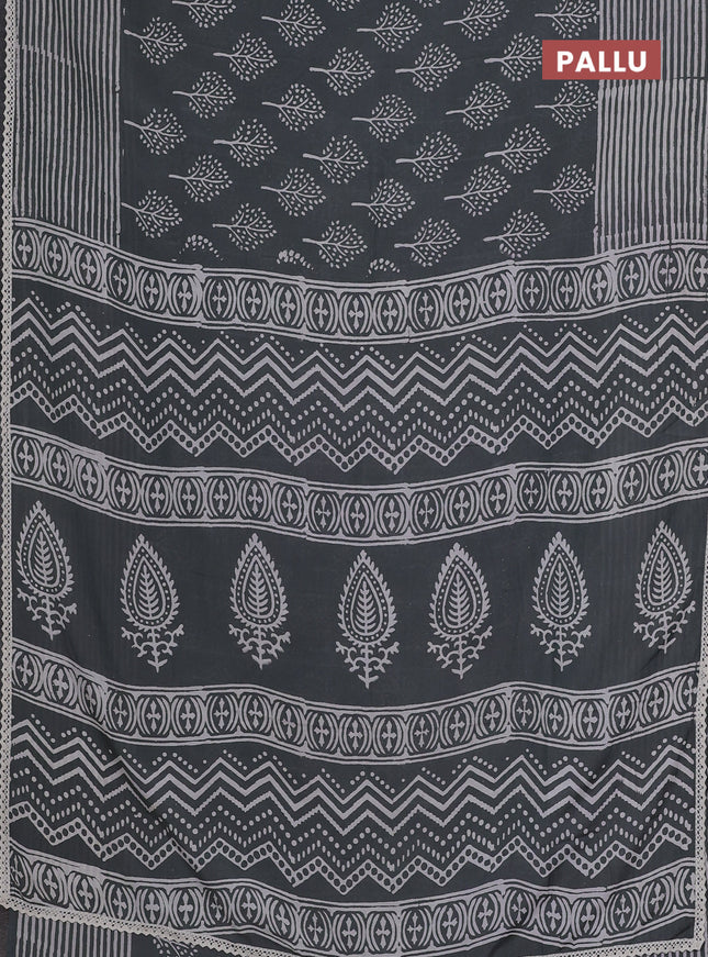 Semi pashmina silk saree grey and cream with allover butta prints and crocia lace work border