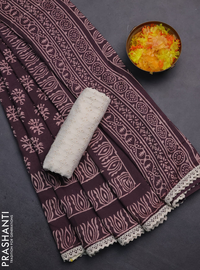 Semi pashmina silk saree wine shade and cream with allover butta prints and crocia lace work border
