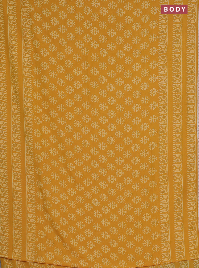 Semi pashmina silk saree yellow and cream with allover butta prints and crocia lace work border
