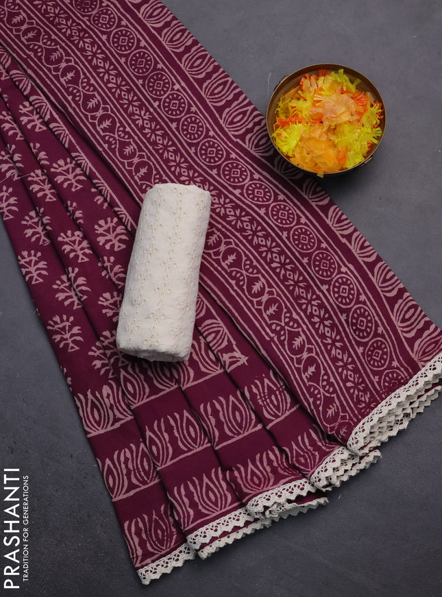 Semi pashmina silk saree purple and cream with allover butta prints and crocia lace work border