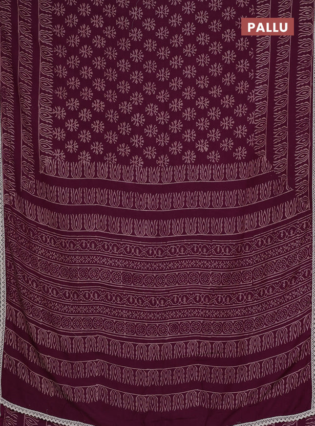 Semi pashmina silk saree purple and cream with allover butta prints and crocia lace work border