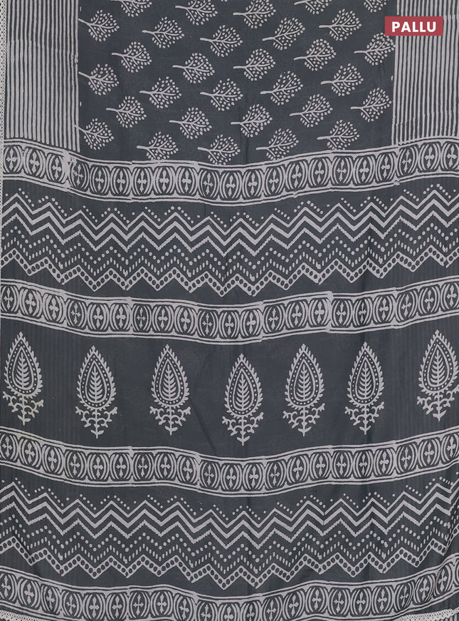 Semi pashmina silk saree grey and cream with allover tree butta prints and crocia lace work border