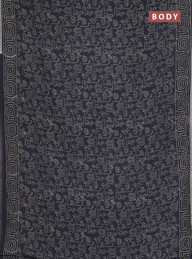 Semi pashmina silk saree grey and cream with allover warli prints and crocia lace work border