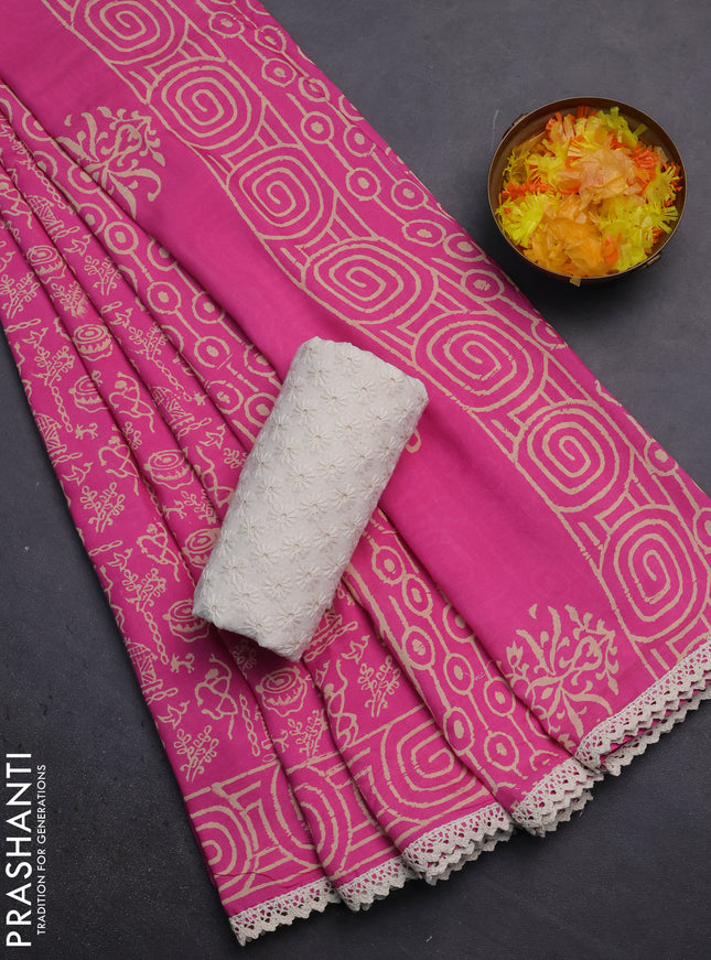 Semi pashmina silk saree pink and cream with allover warli prints and crocia lace work border