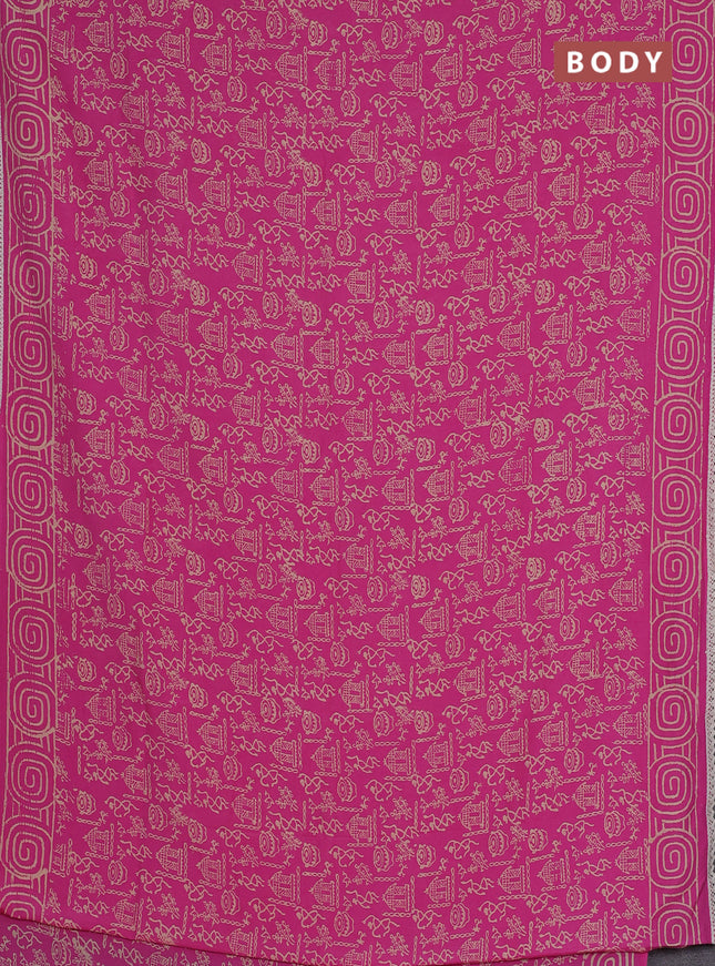 Semi pashmina silk saree pink and cream with allover warli prints and crocia lace work border