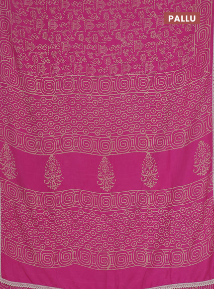 Semi pashmina silk saree pink and cream with allover warli prints and crocia lace work border