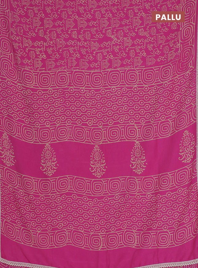 Semi pashmina silk saree pink and cream with allover warli prints and crocia lace work border