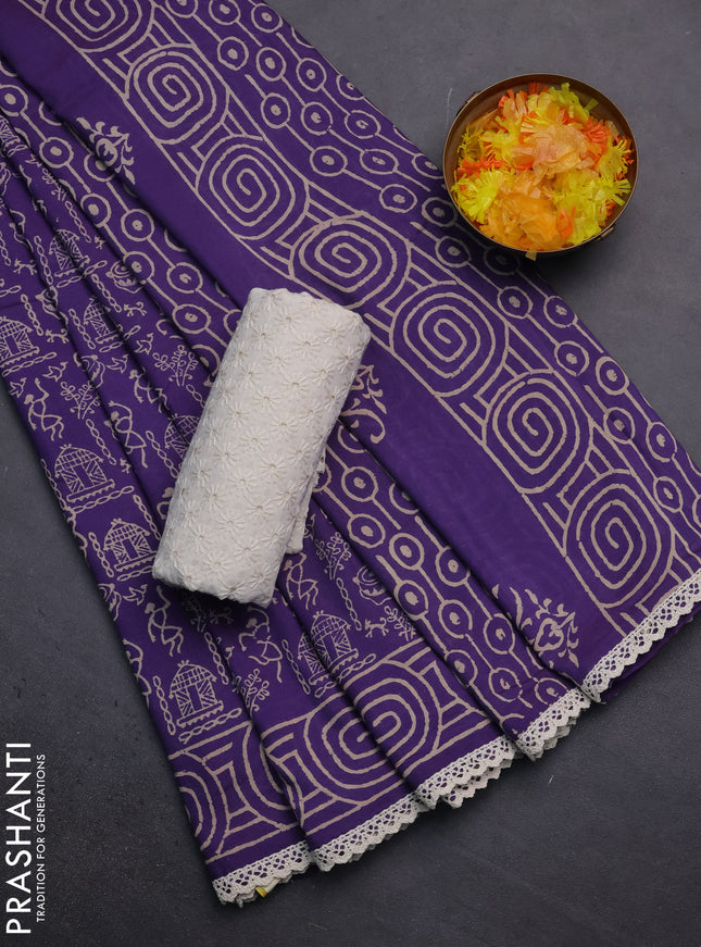 Semi pashmina silk saree violet and cream with allover warli prints and crocia lace work border