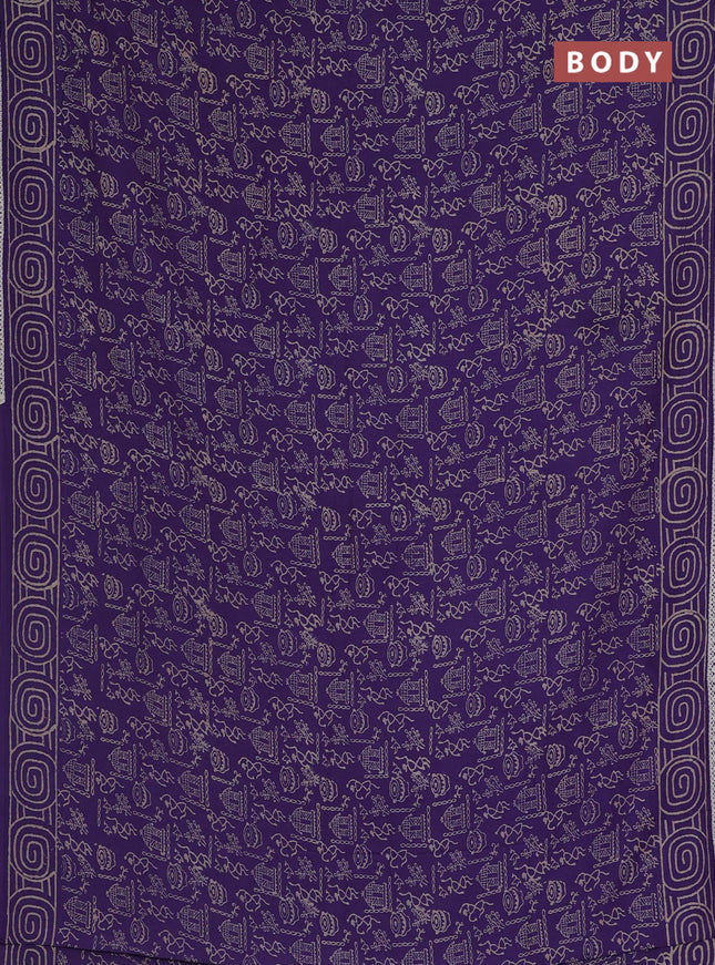 Semi pashmina silk saree violet and cream with allover warli prints and crocia lace work border