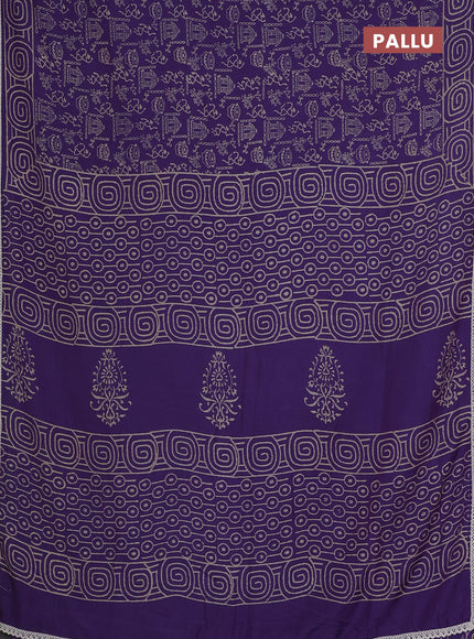 Semi pashmina silk saree violet and cream with allover warli prints and crocia lace work border