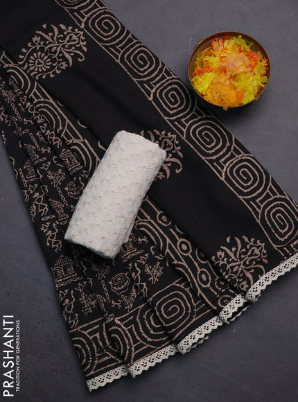 Semi pashmina silk saree black and cream with allover warli prints and crocia lace work border