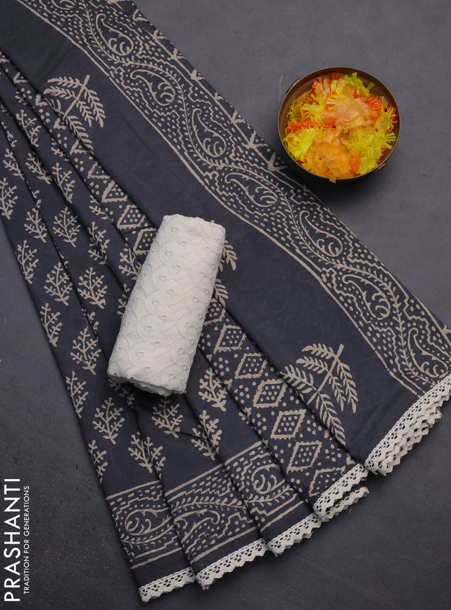 Semi pashmina silk saree dark grey and cream with allover butta prints and crocia lace work border