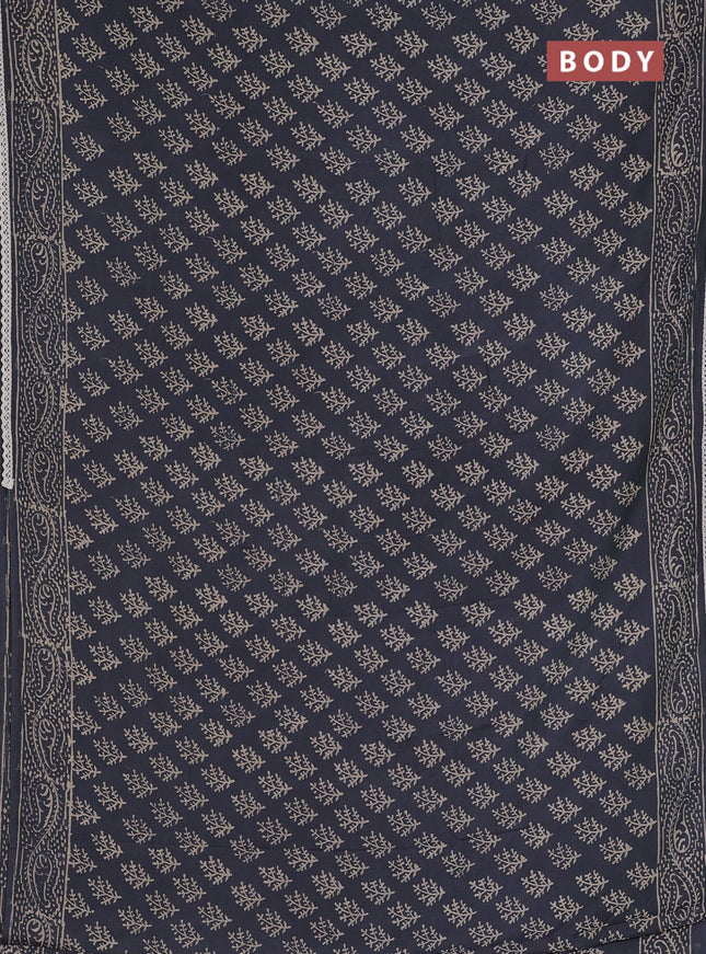 Semi pashmina silk saree dark grey and cream with allover butta prints and crocia lace work border