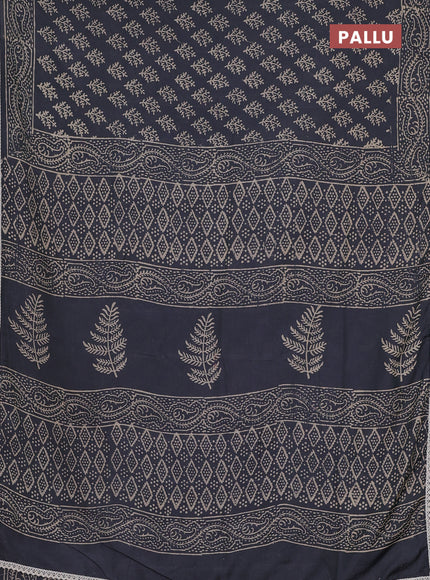 Semi pashmina silk saree dark grey and cream with allover butta prints and crocia lace work border