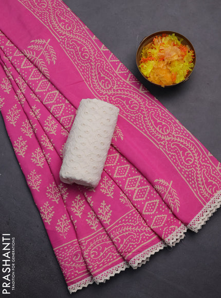 Semi pashmina silk saree pink and cream with allover butta prints and crocia lace work border