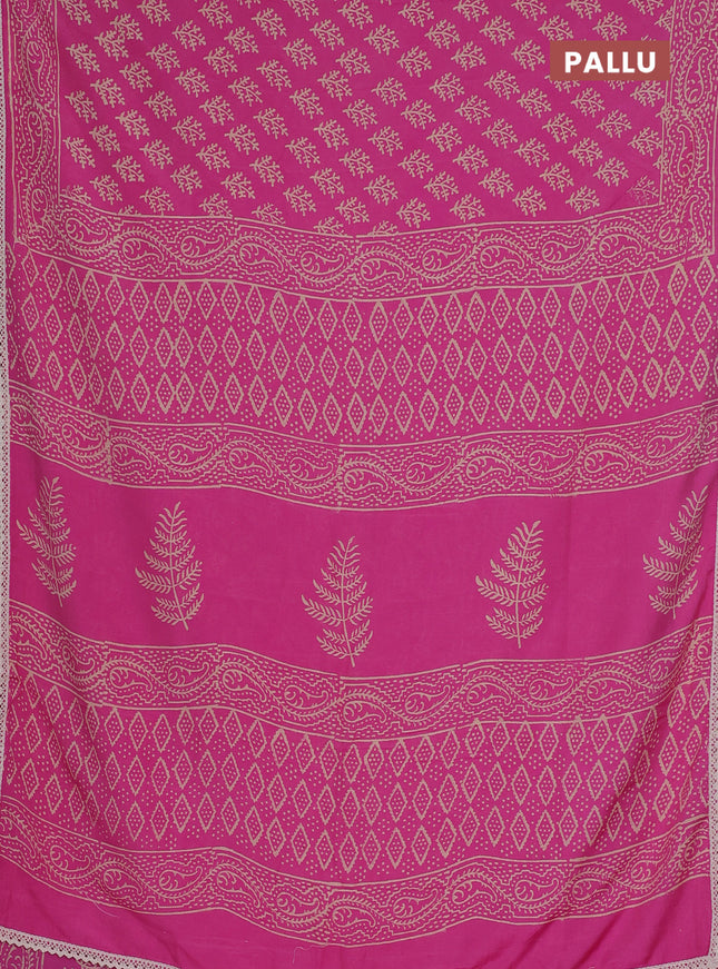 Semi pashmina silk saree pink and cream with allover butta prints and crocia lace work border