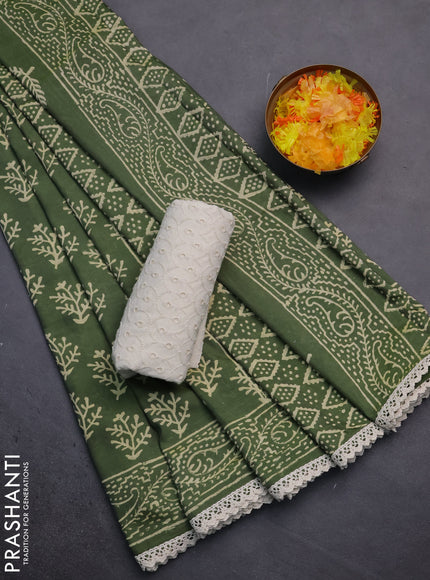 Semi pashmina silk saree green and cream with allover butta prints and crocia lace work border