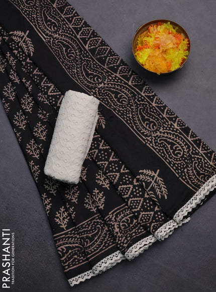 Semi pashmina silk saree black and cream with allover butta prints and crocia lace work border