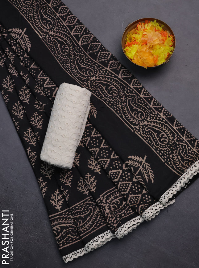 Semi pashmina silk saree black and cream with allover butta prints and crocia lace work border
