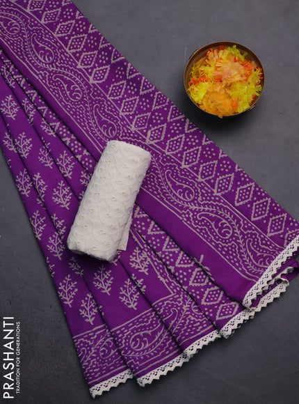 Semi pashmina silk saree purple and cream with allover butta prints and crocia lace work border