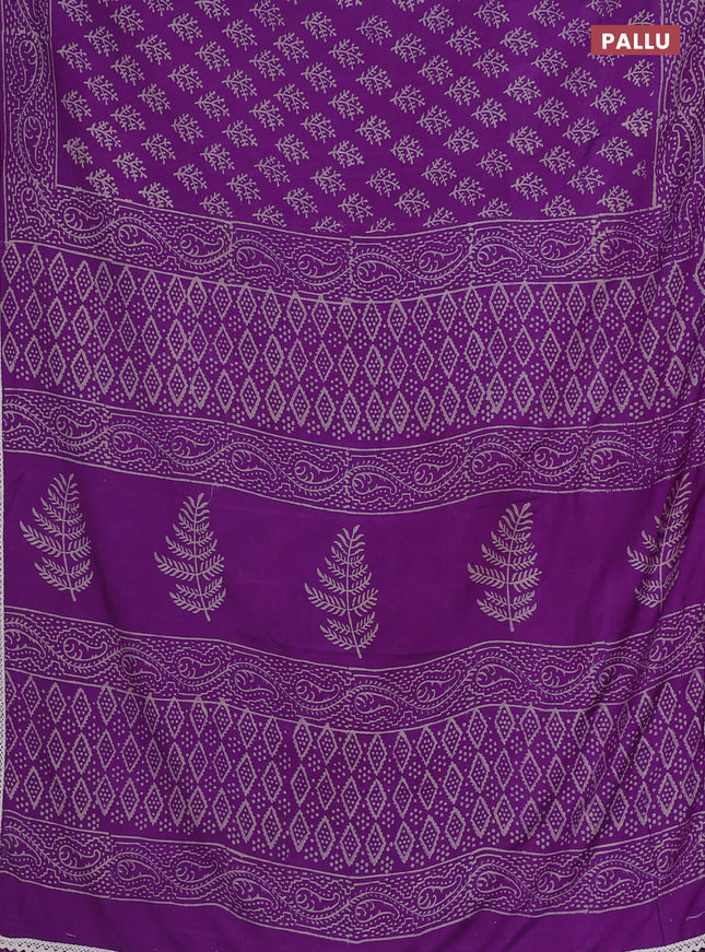 Semi pashmina silk saree purple and cream with allover butta prints and crocia lace work border
