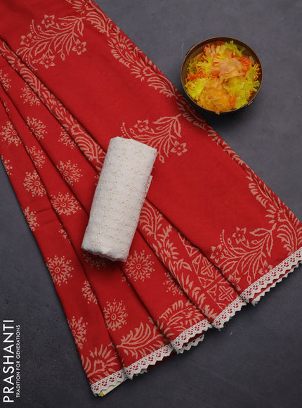 Semi pashmina silk saree red and cream with allover butta prints and crocia lace work border