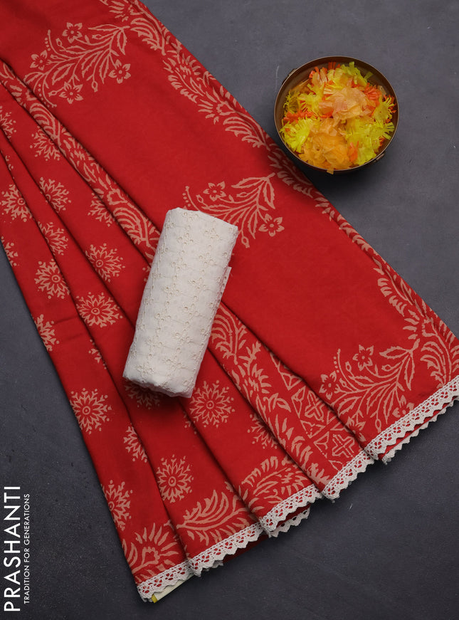 Semi pashmina silk saree red and cream with allover butta prints and crocia lace work border