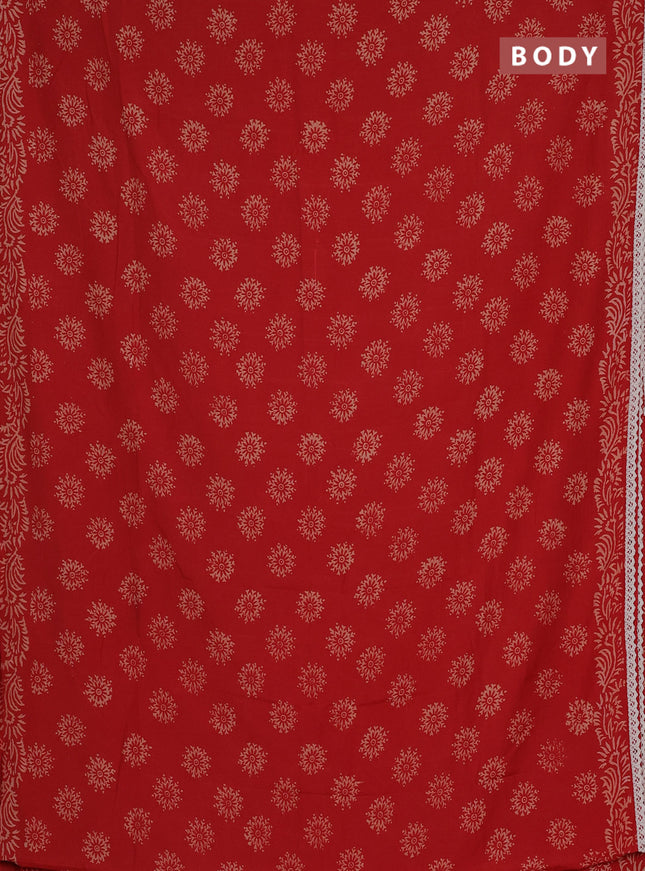 Semi pashmina silk saree red and cream with allover butta prints and crocia lace work border