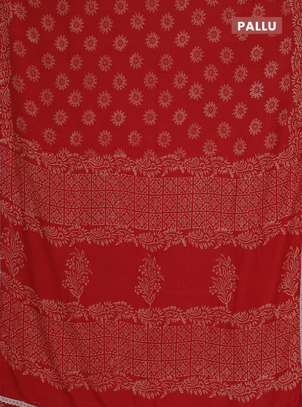 Semi pashmina silk saree red and cream with allover butta prints and crocia lace work border
