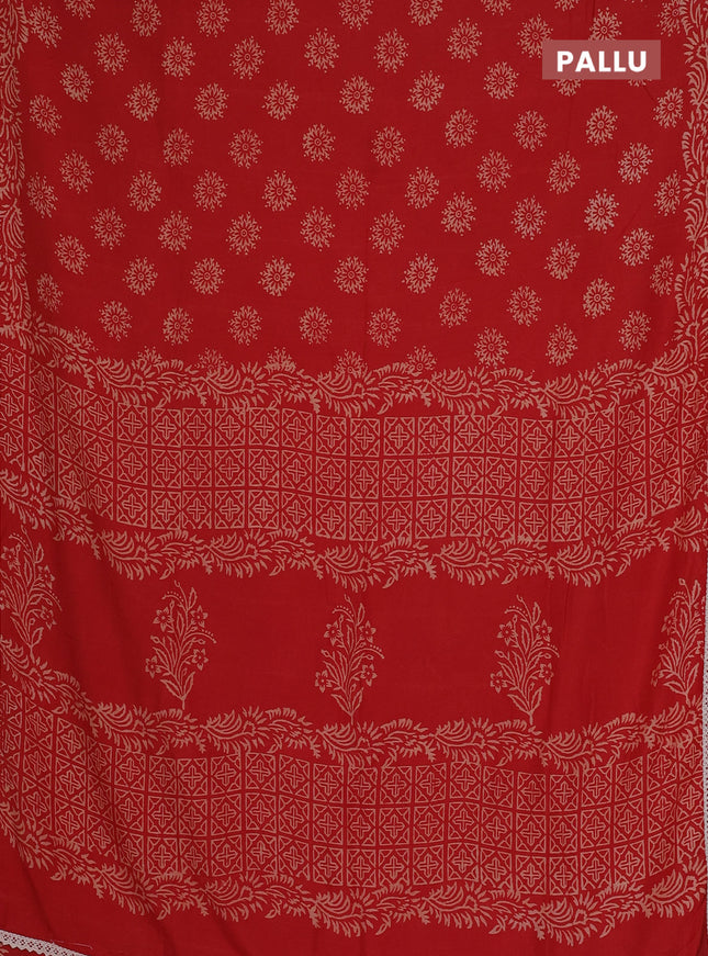 Semi pashmina silk saree red and cream with allover butta prints and crocia lace work border