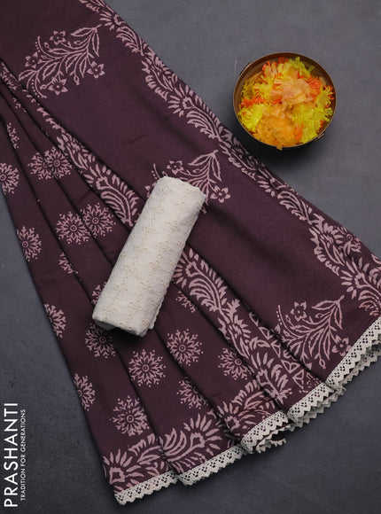 Semi pashmina silk saree wine shade and cream with allover butta prints and crocia lace work border