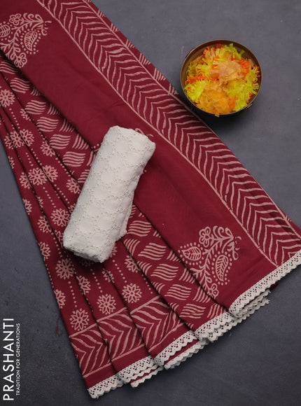 Semi pashmina silk saree maroon and cream with allover prints and crocia lace work border